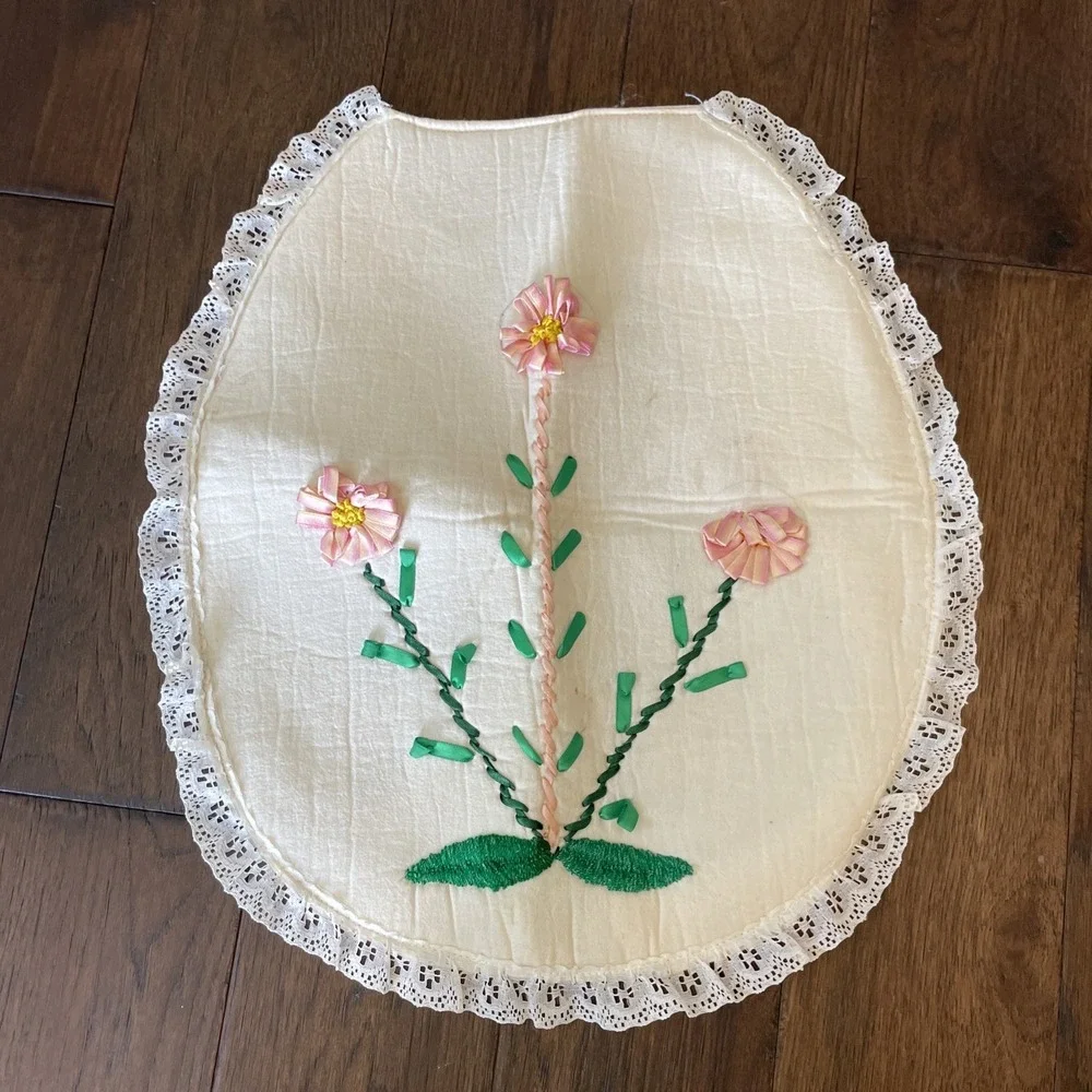 Retro Chenille Toilet Seat Cover‎ White With Pink Flower MCM